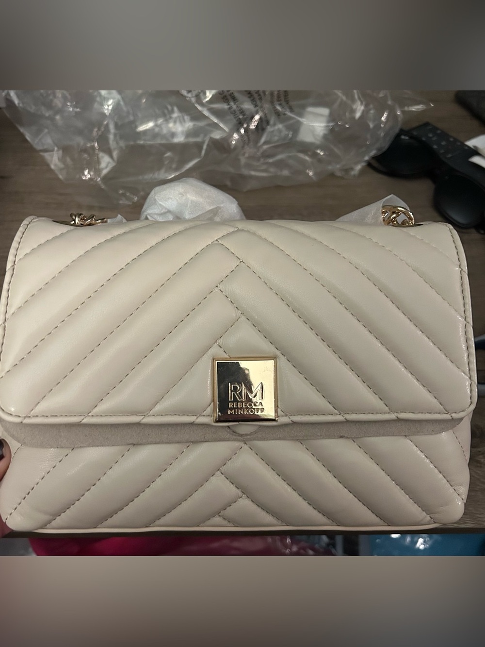 Rebecca Minkoff Cream Chevron Quilted Chain Crossbody